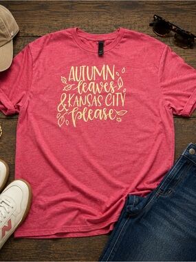 Gildan Autumn Leaves Kansas City Please Graphic Tee Pink XXL Fall Shirt